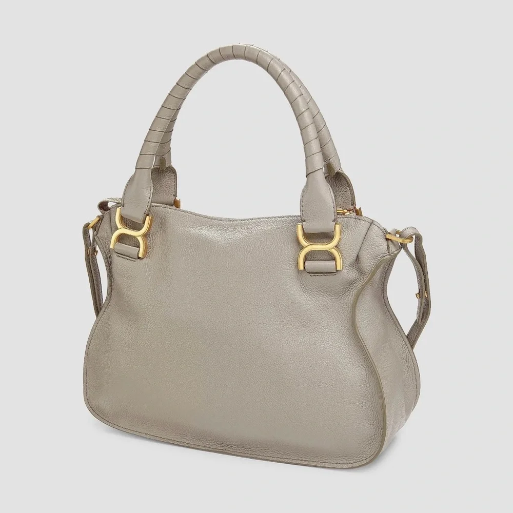 Chloe Grey-Taupe Leather Shoulder Bag with Gold Hardware